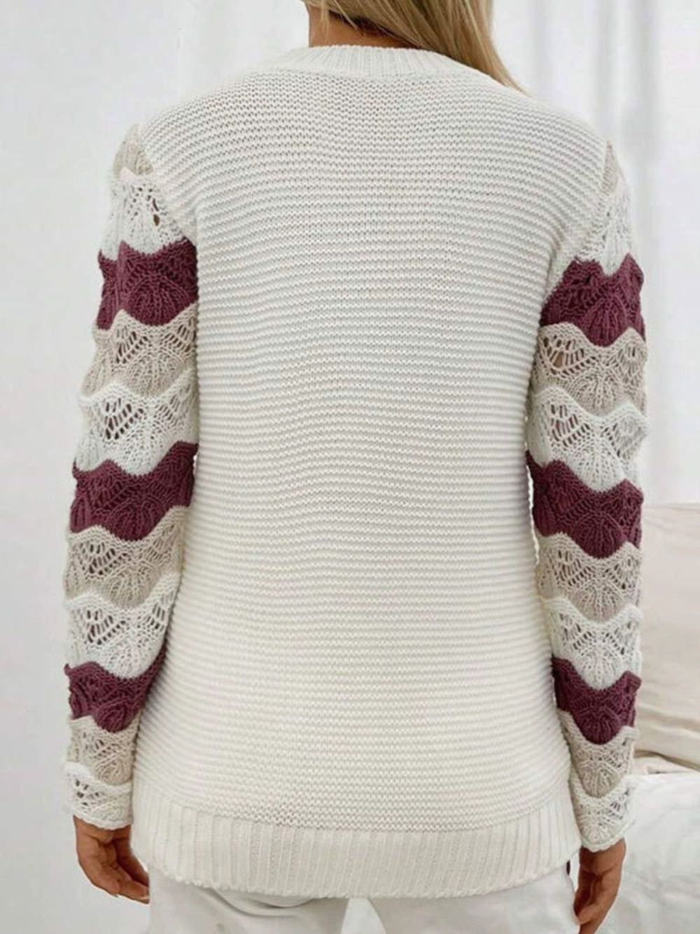 Autumn Winter Knitted Sweater Women Hollow Stripe Long Sleeve Crew Neck Pullover